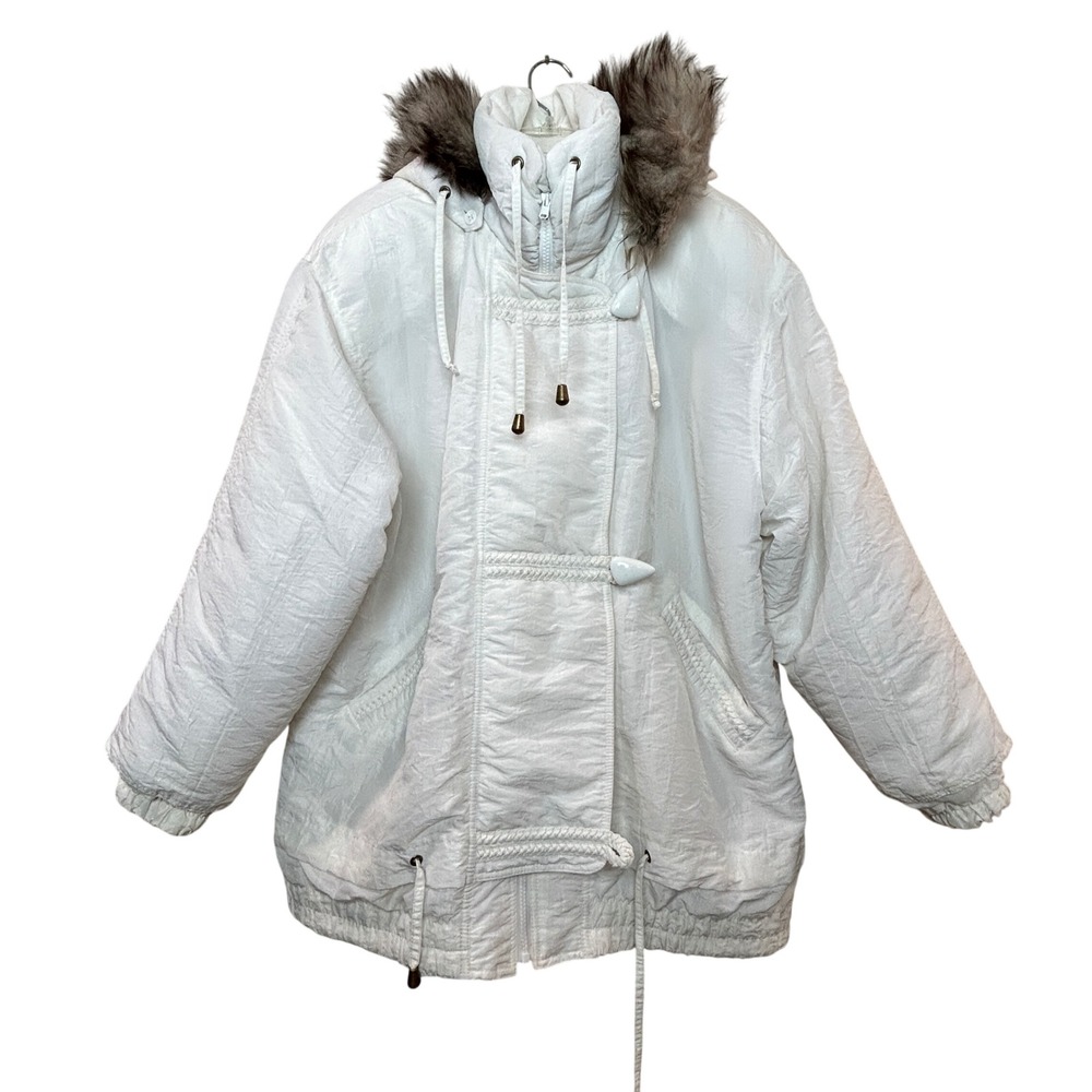 IZZI Puffer Jacket Womens Medium White Vintage Fox Fur Trim Toggle Parka Coat